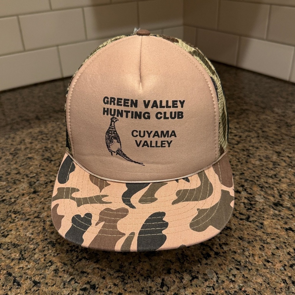 Vtg Speedway Trucker Hat Green Valley Hunting Club OSFA Camo Tan Pheasant